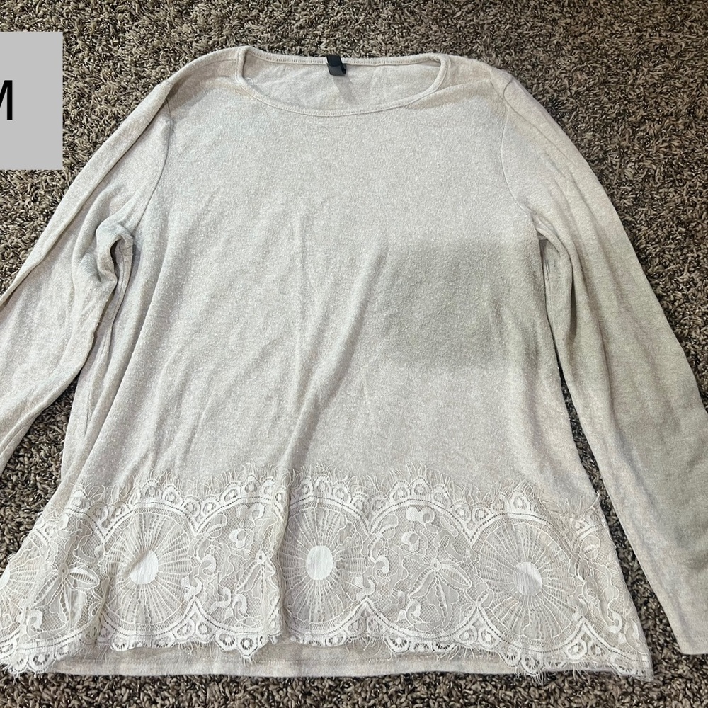 Elegant Beige Long Sleeve Top with Lace Detail